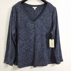 Women's Dark Navy Blue Waffle Henley V Neck Tee, Size 3X(24W-26W), New With Tag